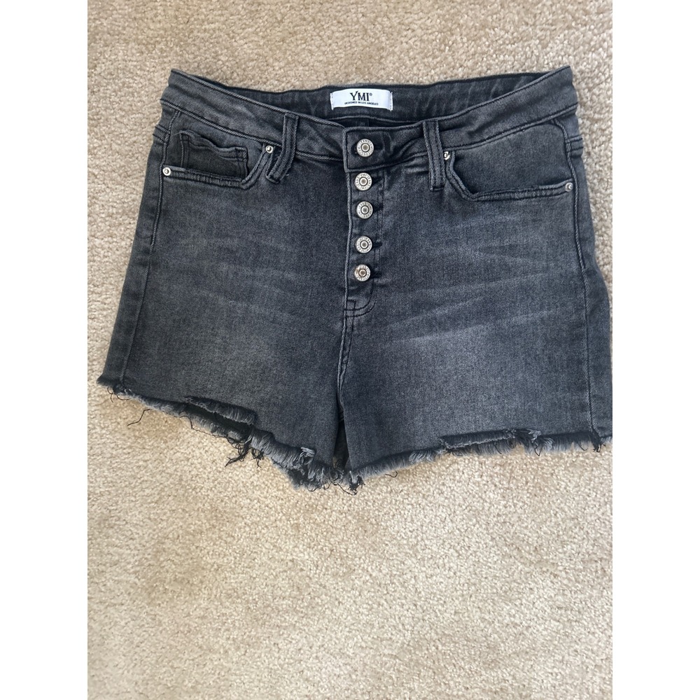 YMI Black High Rise Button Fly Frayed Hem Denim Shorts Size 13/31